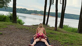 Hardcore riding by naked blonde outside in public with cum shot load on tits