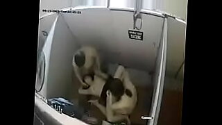 Indian girlfriend gets it from three guys in public bathroom.